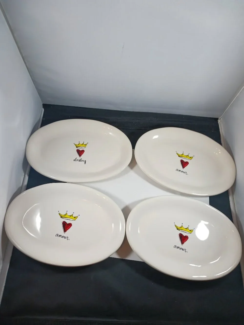4pcs Rae Dunn AMOUR Script Heart Crown Oval Appetizer Snack Dessert